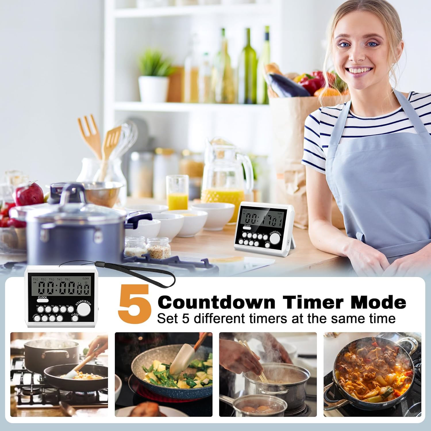 XREXS 5 Channels Digital Kitchen Timer, Clock Mode with Large LCD Display, Cooking Timer, Loud Volume Alarm and Flashing Light with Magnetic Back, Stand, Battery Included-1