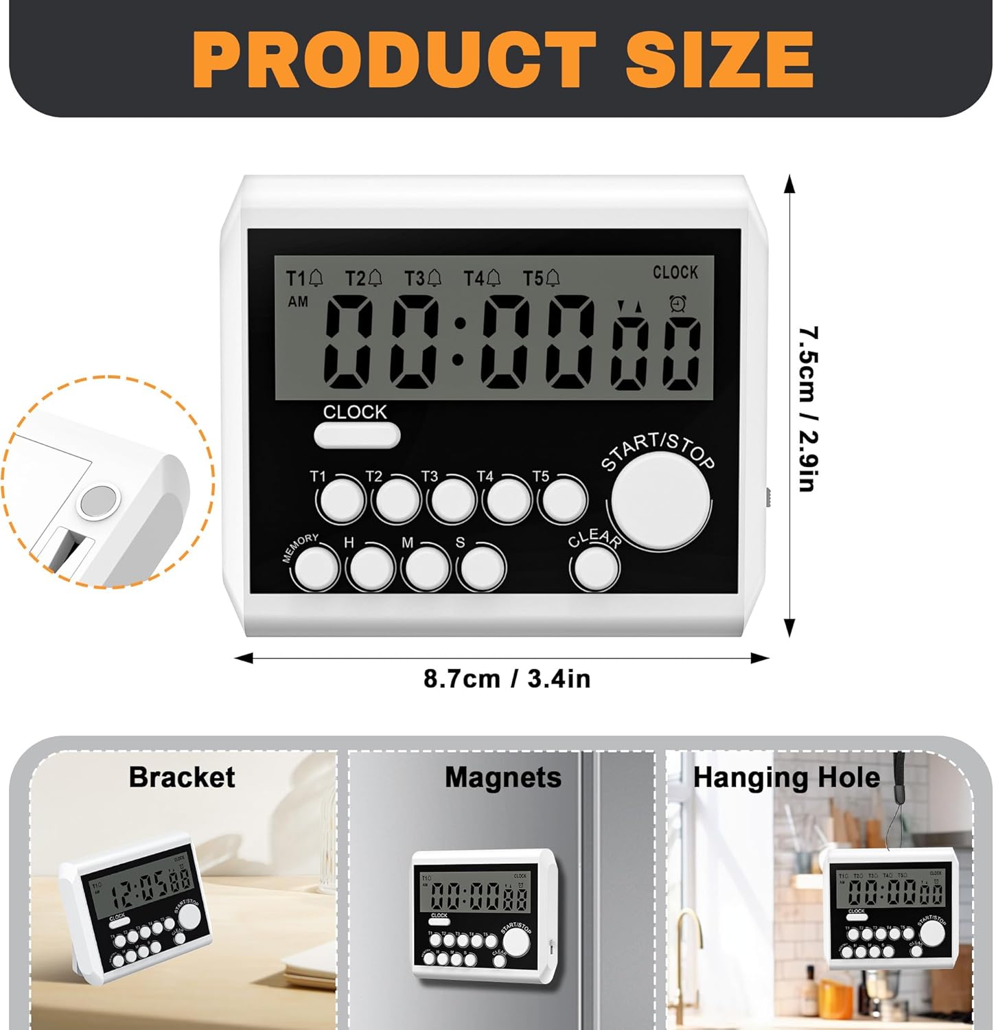 XREXS 5 Channels Digital Kitchen Timer, Clock Mode with Large LCD Display, Cooking Timer, Loud Volume Alarm and Flashing Light with Magnetic Back, Stand, Battery Included-5