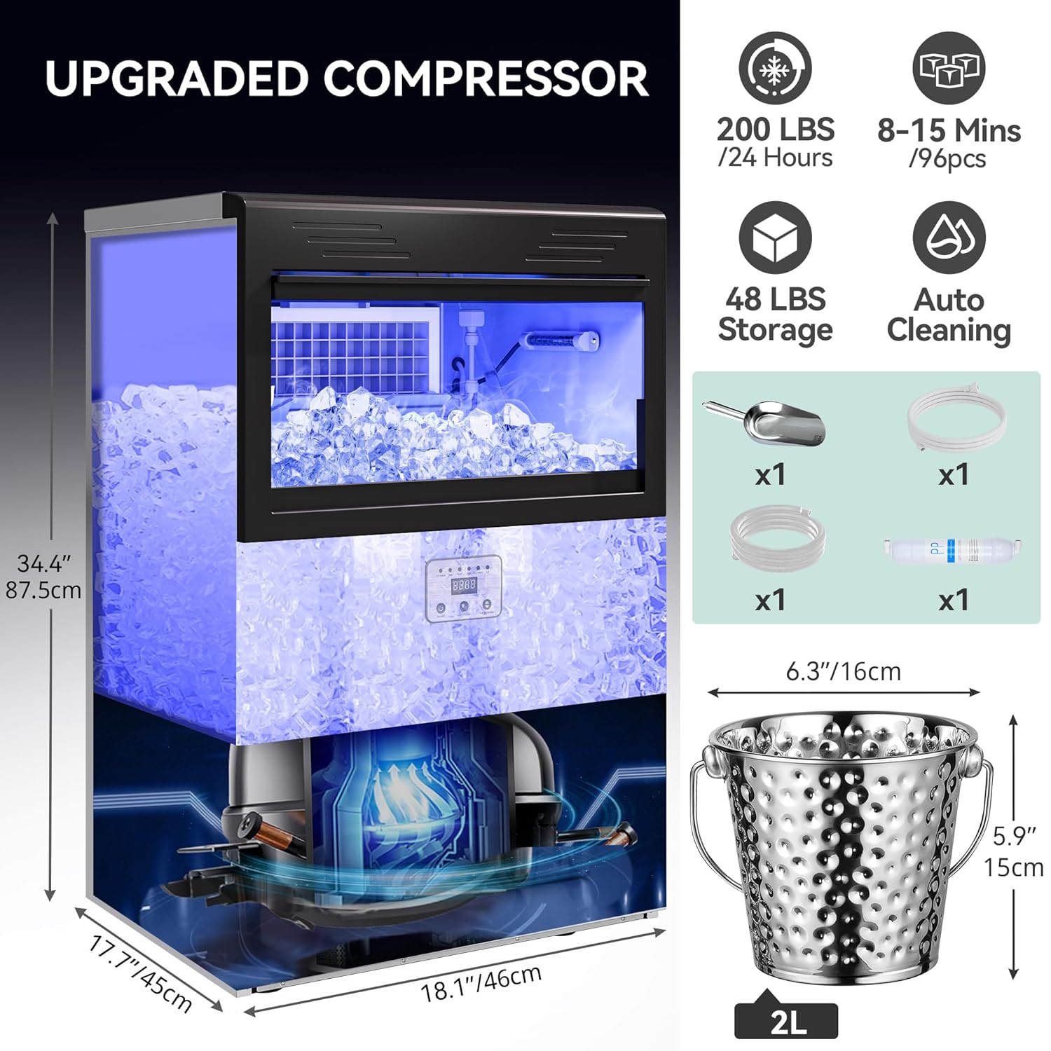 YITAHOME 200 LBS Commercial Ice Maker Machine Under Counter, Large Free Standing Ice Maker Undercounter for Home Bar Restaurants Bar with 48LBS Storage Bin Stainless Steel Ice Scoop Ice Bucket-2