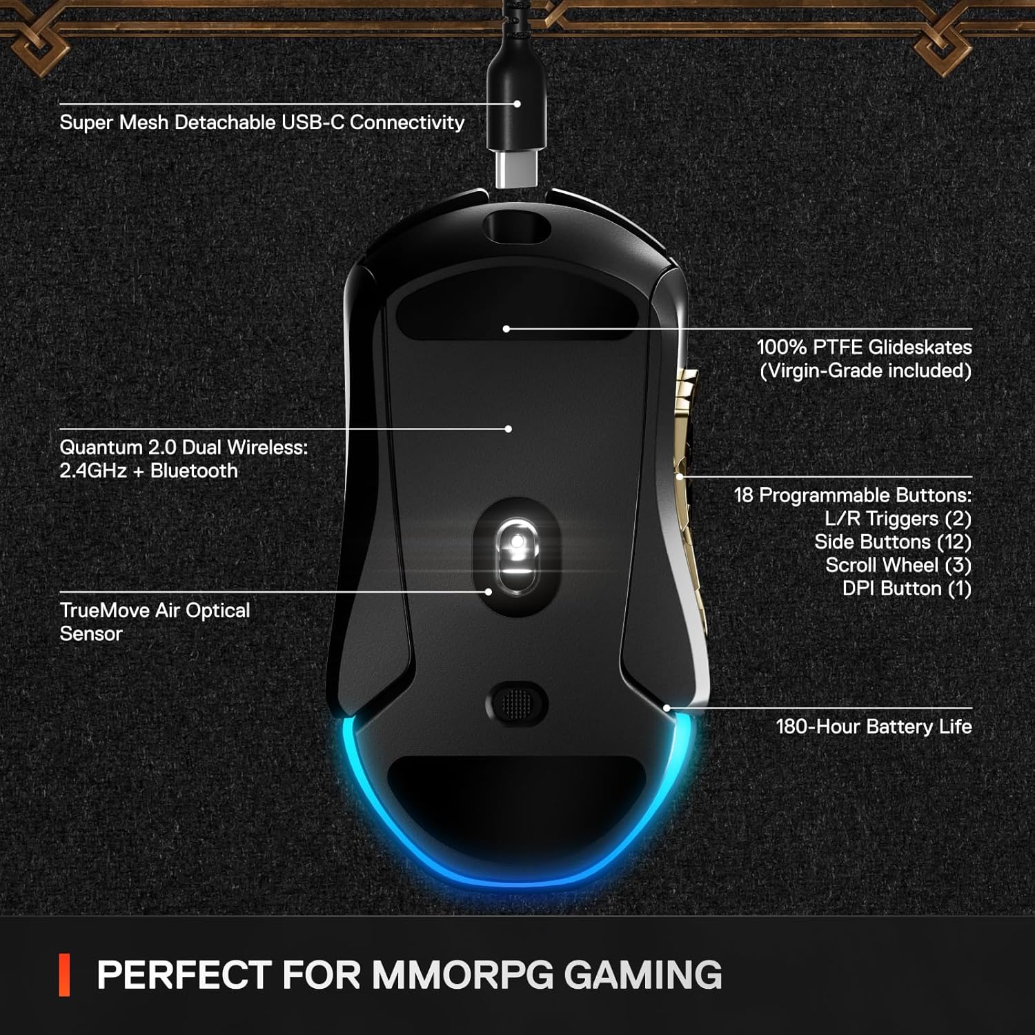 SteelSeries Aerox 9 Wireless: World of Warcraft Edition — Free in-Game Item — MMO Gaming Mouse — 18 Programmable Buttons — Lightweight — Bluetooth/2.4GHz — 18K DPI TrueMove Air Sensor-2