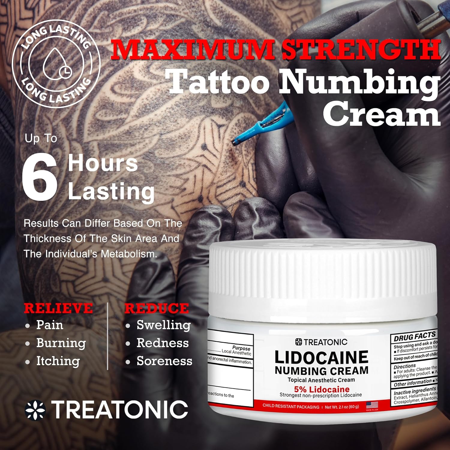 Lidocaine Tattoo Numbing Cream: Painless 5% Lidocaine Tattoo Numbing Cream for Tattoos- Topical Anesthetic Numb Maximum Strength for Tattoo, Piercing, Injection, Waxing, Microneedling - 2.1 oz/60 g-2