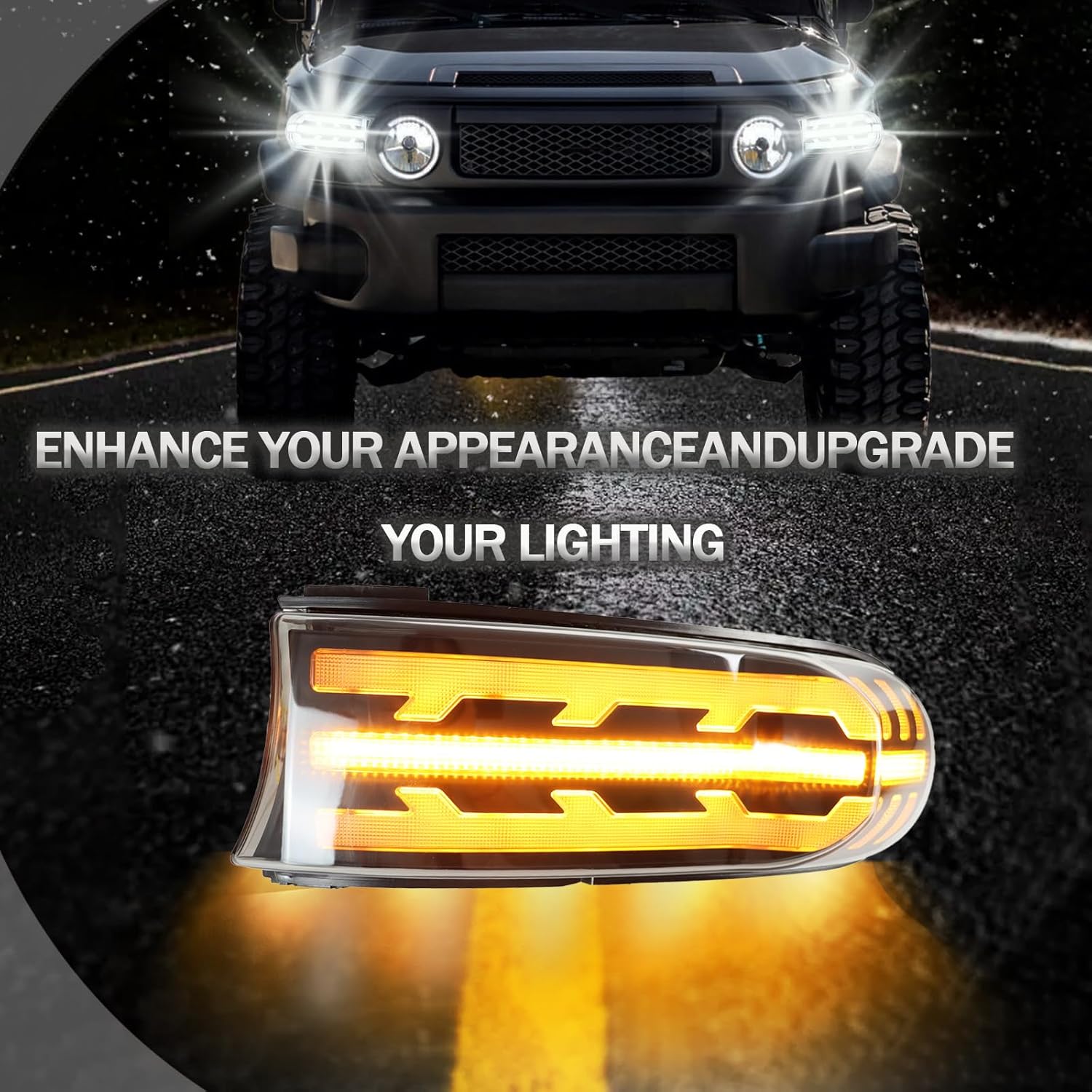 Upgrade Full LED Driver and Passenger DRL Turn Signal Light Front Headlight Compatible with Toyota FJ Cruiser 2007-2021 Daytime Running Light Amber Sequential Light-5