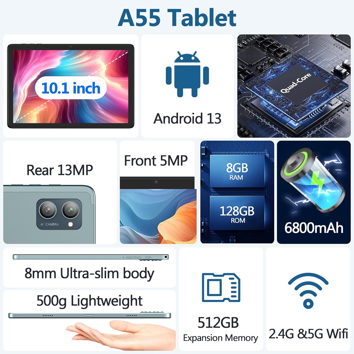 Newest 2024 Tablet Android 13 Tablet, 10.1 inch Tablet 8(4+4) GB&128GB Storage(Expand to 512GB), Dual 13MP+5MP Camera, 6800mAh, WiFi, Bluetooth 5.0, GPS-1