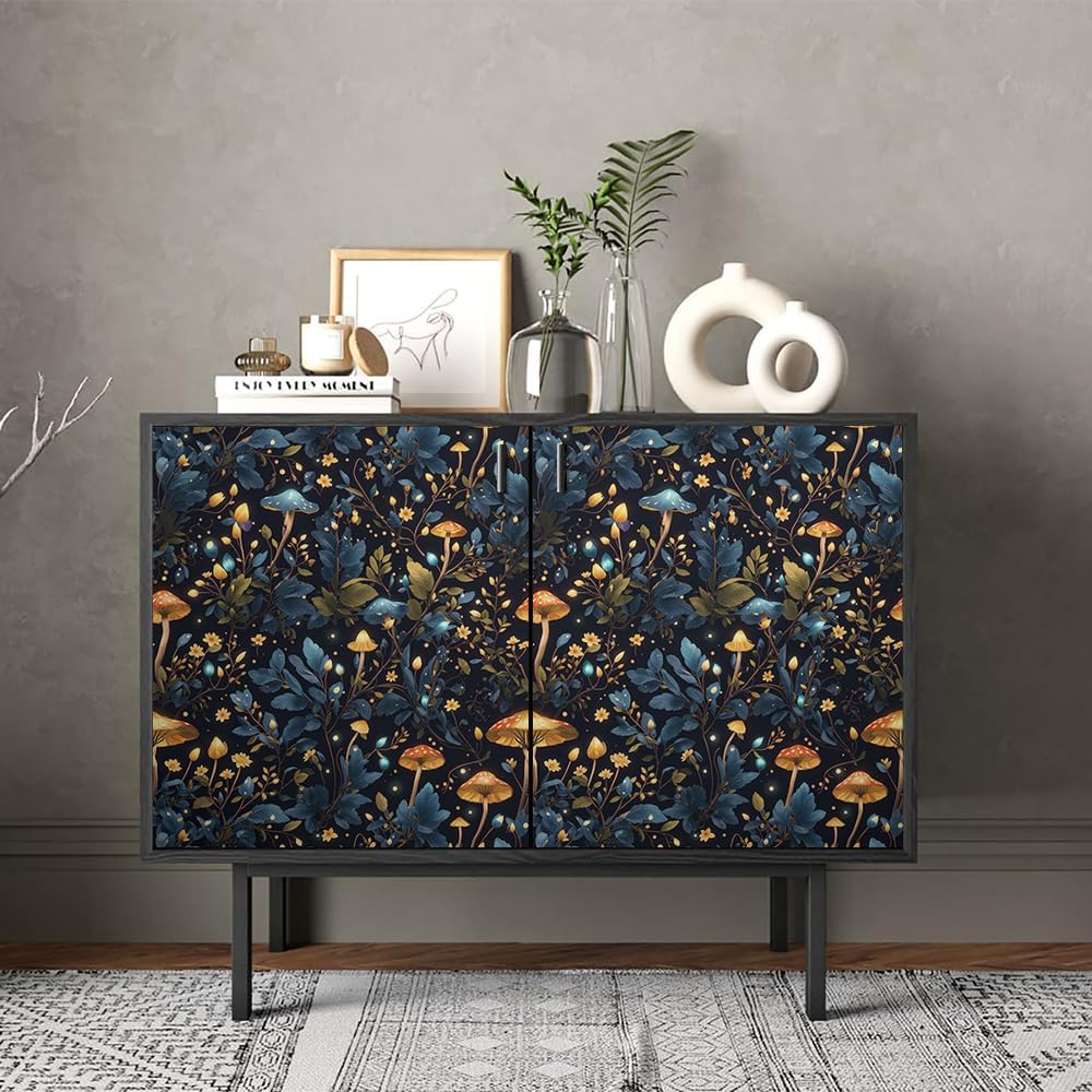 REDAMANCY Blue/Yellow Glittery Mushroom Forest Peel and Stick Wallpaper Stick on Contact Paper Vintage Wall Paper Easy Peel Off for nightstand Drawer Cabinet Renter-3