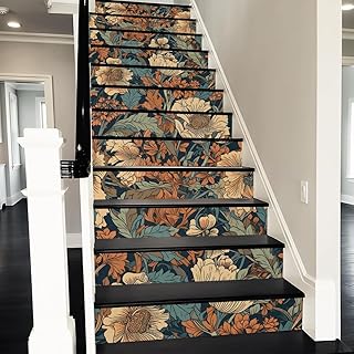 REDAMANCY Vintage William Morris Boho Florals Green Leaf Plants Peel and Stick Vinyl Stair Riser Decals Staircase Tile Stickers Decor Modern Marble Decoration Self-Adhesive(14 Pcs)