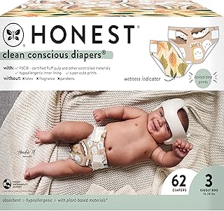 The Honest Company Clean Conscious Diapers | Plant-Based, Sustainable | Fall '24 Limited Edition Prints | Club Box, Size 3 (16-28 lbs), 62 Count