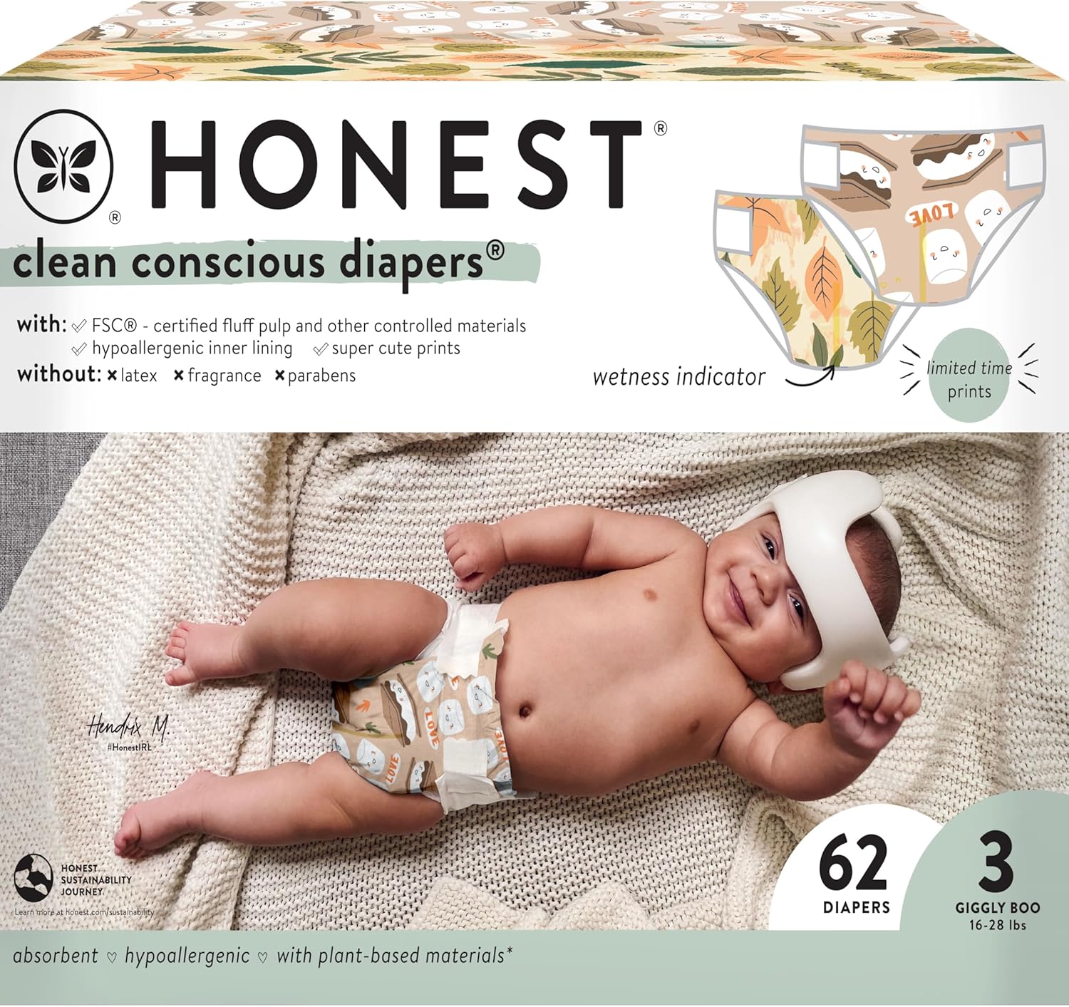 The Honest Company Clean Conscious Diapers | Plant-Based, Sustainable | Fall '24 Limited Edition Prints | Club Box, Size 3 (16-28 lbs), 62 Count-0