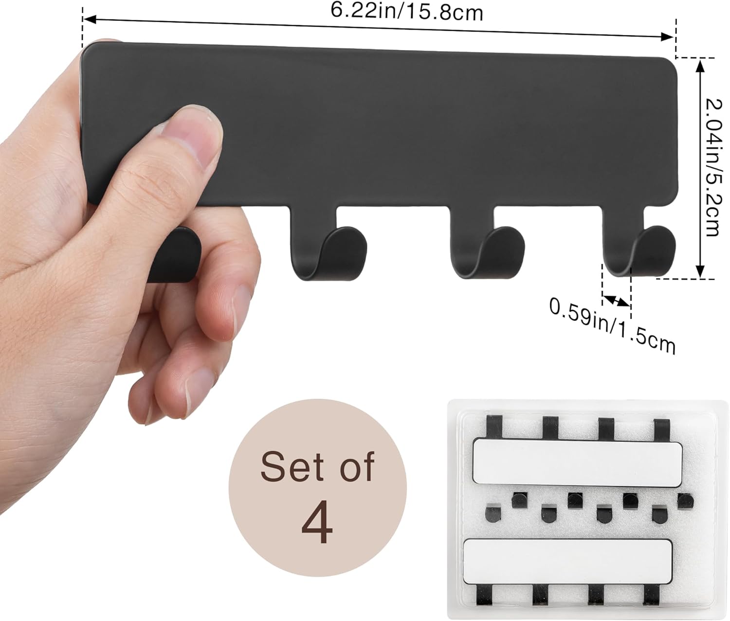 niffgaff 4-Pack Wall Hooks for Hanging Adhesive Hooks, Heavy Duty Sticky No Drilling, Black-4