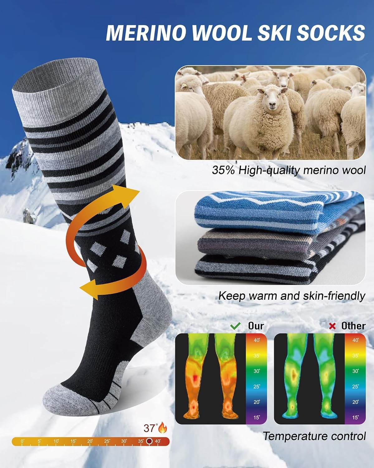 Merino Wool Ski Socks for Men Women, Thick Knee High Thermal Winter Snowboarding Socks with Exquisite Box-1