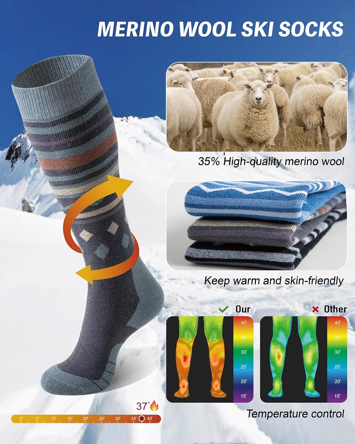 Merino Wool Ski Socks 2 Packs,Thermal Thick Winter Outdoor Sports for Men Women-1