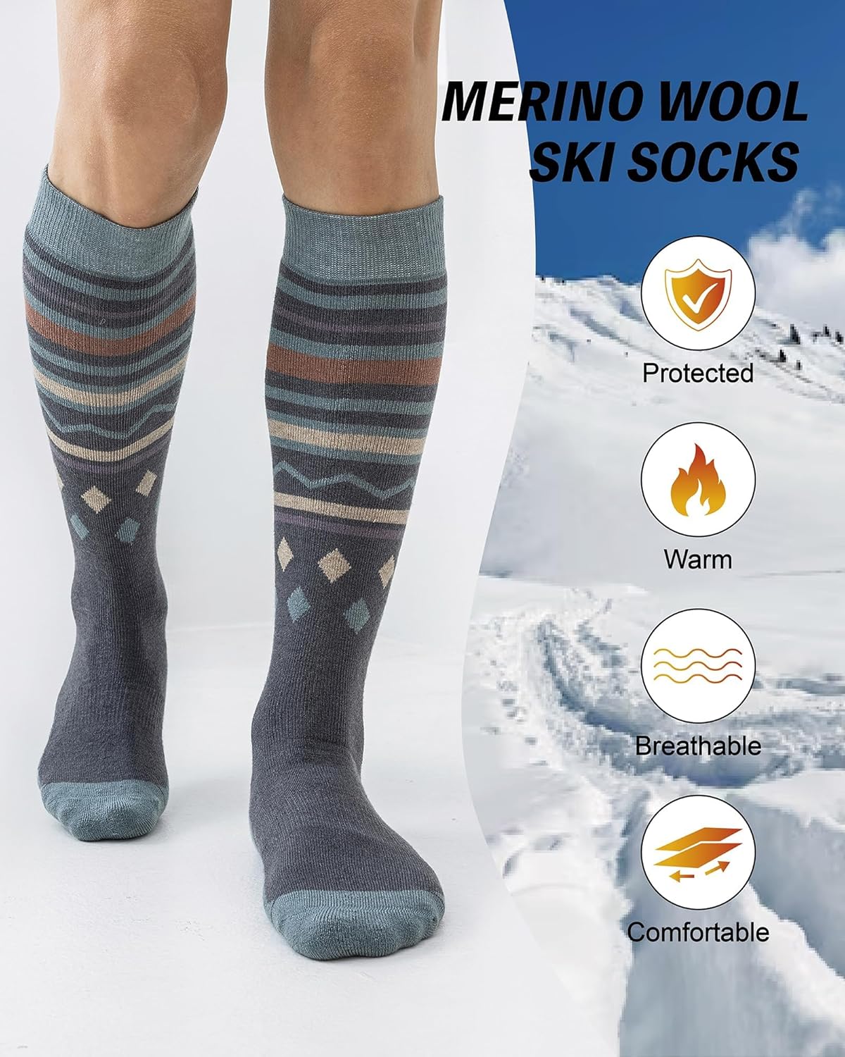 Merino Wool Ski Socks 2 Packs,Thermal Thick Winter Outdoor Sports for Men Women-7