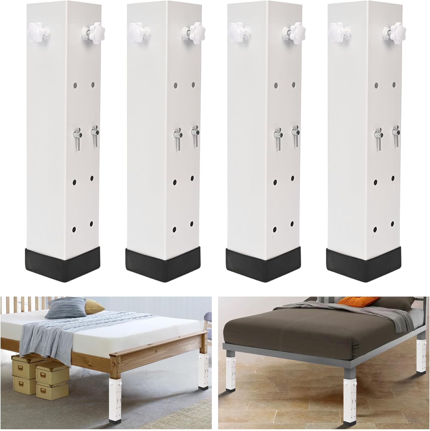 4 Pack 3.15" Diameter Carbon Steel Bed Risers, Adjustable to 3.2", 5.1", 8.1" or 11.2" Heights, Bed Support Legs fit College Dorm Square Wooden Bed Frames Tables-0