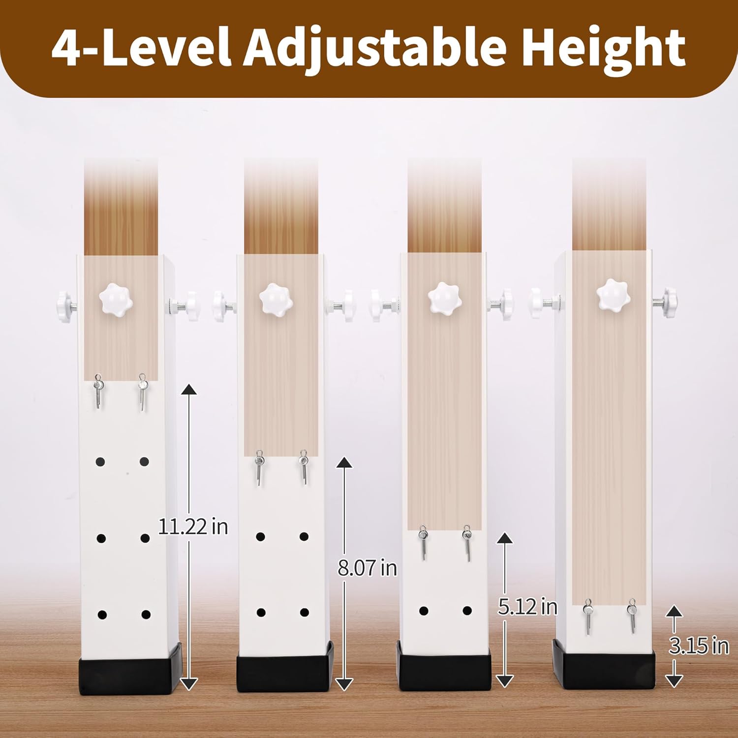 4 Pack 3.15" Diameter Carbon Steel Bed Risers, Adjustable to 3.2", 5.1", 8.1" or 11.2" Heights, Bed Support Legs fit College Dorm Square Wooden Bed Frames Tables-2