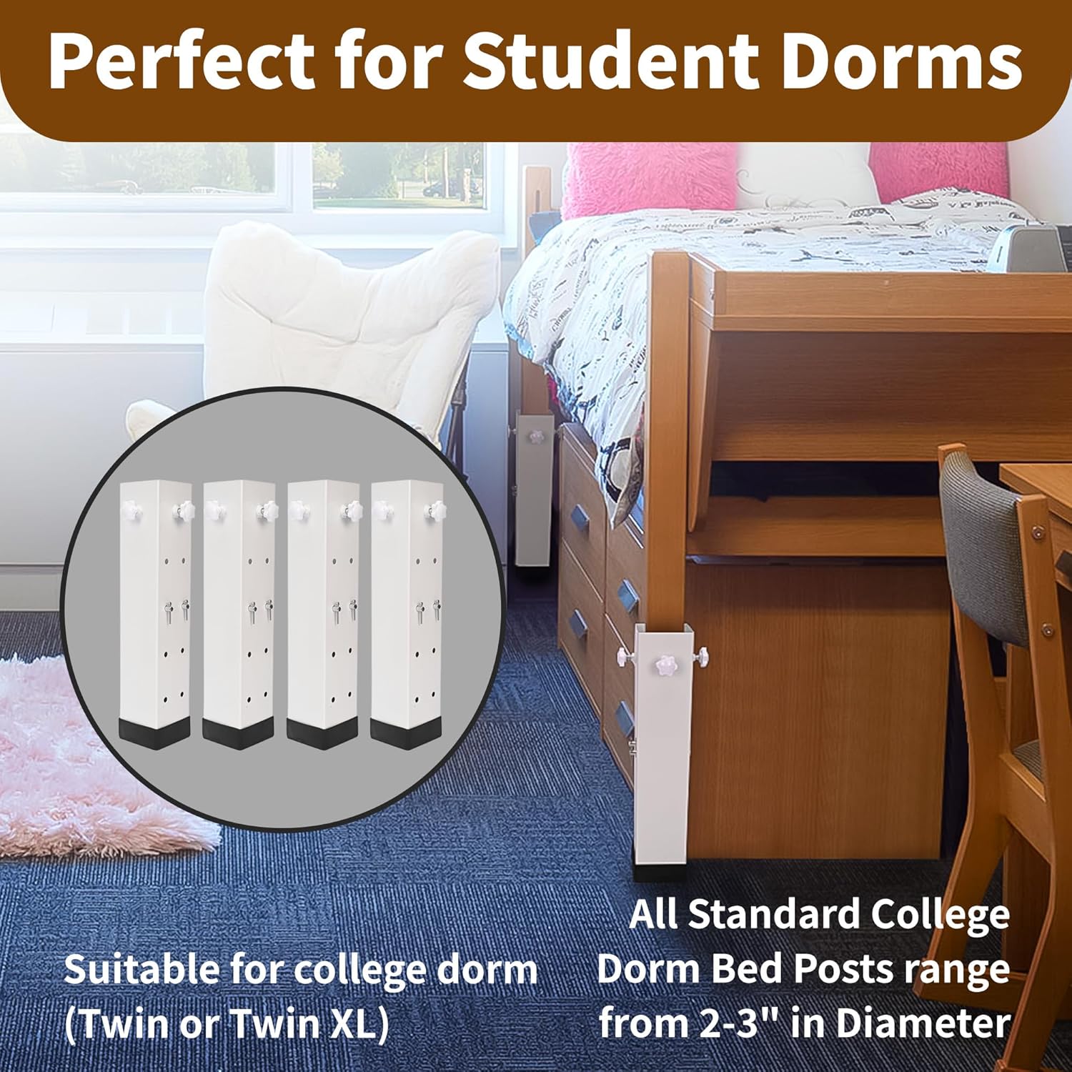 4 Pack 3.15" Diameter Carbon Steel Bed Risers, Adjustable to 3.2", 5.1", 8.1" or 11.2" Heights, Bed Support Legs fit College Dorm Square Wooden Bed Frames Tables-3