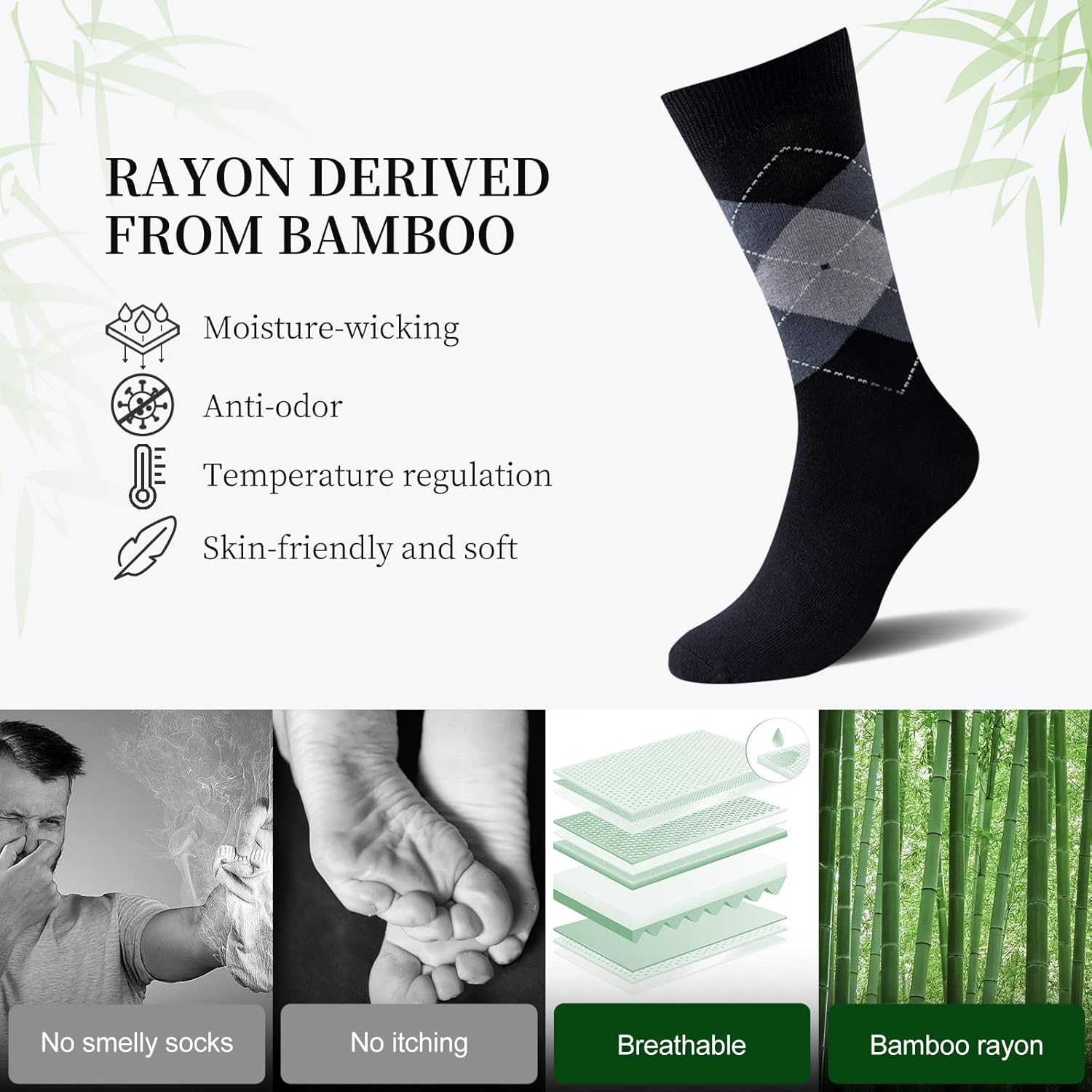 Mens Dress Socks, 6 Pairs Soft Breathable Bamboo Rayon Socks, Classic Mid Calf Socks for Men with Exquisite Box-6