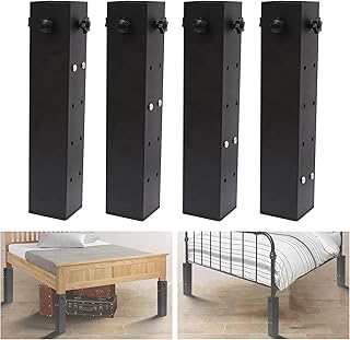 4 Pack 3.15" Diameter Carbon Steel Bed Risers Heavy Duty Metal, Adjustable to 3.2", 5.1", 8.1" or 11.2" Heights, fit College Dorm Square Wooden Bed Frames, Tables (Black)