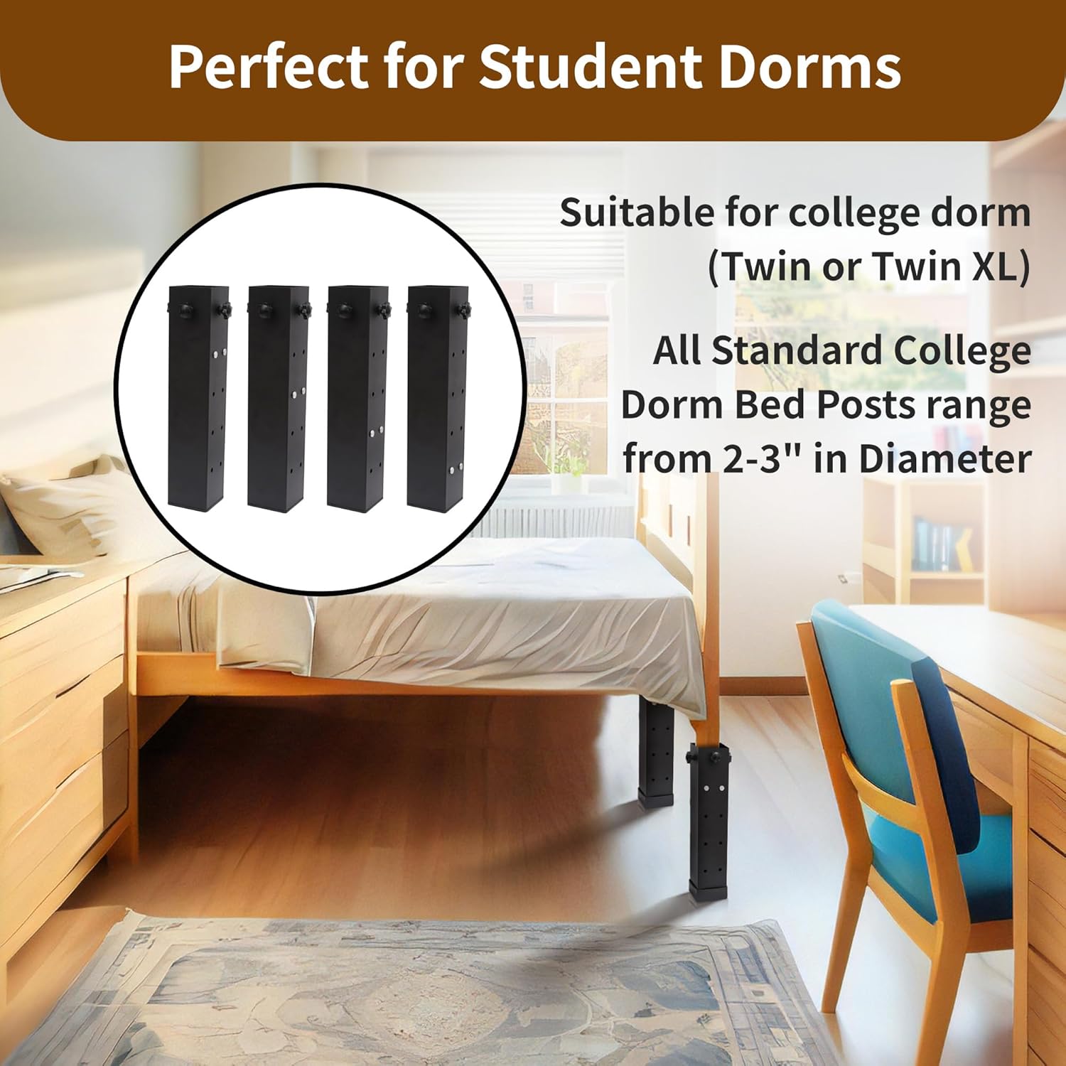 4 Pack 3.15" Diameter Carbon Steel Bed Risers Heavy Duty Metal, Adjustable to 3.2", 5.1", 8.1" or 11.2" Heights, fit College Dorm Square Wooden Bed Frames, Tables (Black)-3