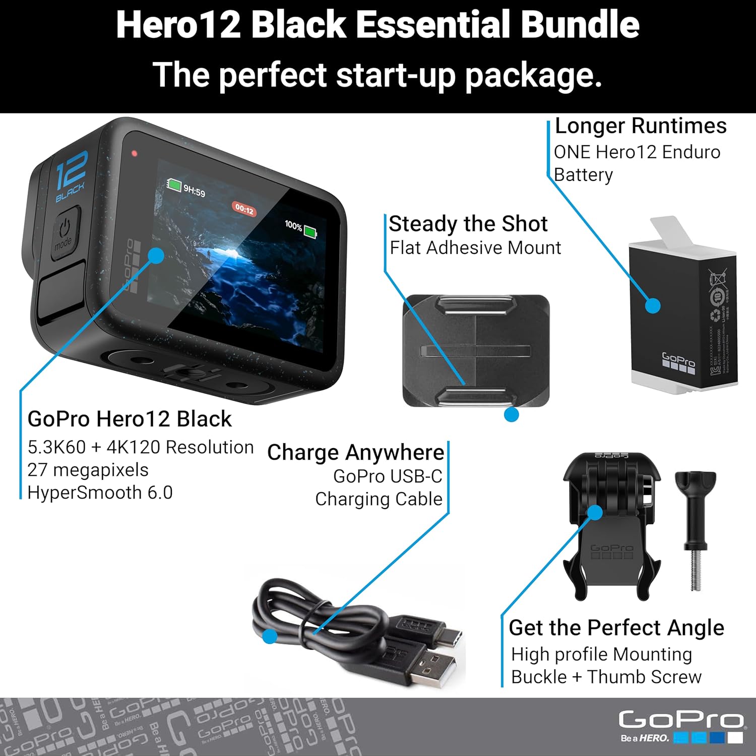 GoPro Hero12 Black E-Commerce Package - Waterproof Action Camera with 5.3K60 Ultra HD Video, 27MP Photos, HDR, 1/1.9" Image Sensor, Live Streaming, Webcam, Stabilization-1