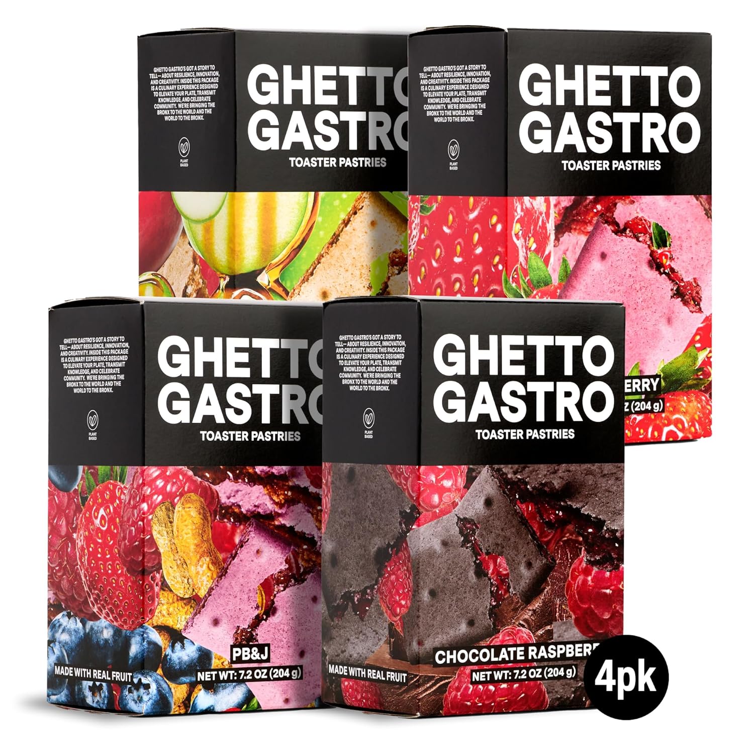 Ghetto Gastro Toaster Pastries Variety 4-Pack (Strawberry, Chocolate Raspberry, Maple Apple Cinnamon, Peanut Butter & Jelly) - Plant Based, Vegan & Non-GMO Ingredients, Kosher Certified - (16 Bars)-0