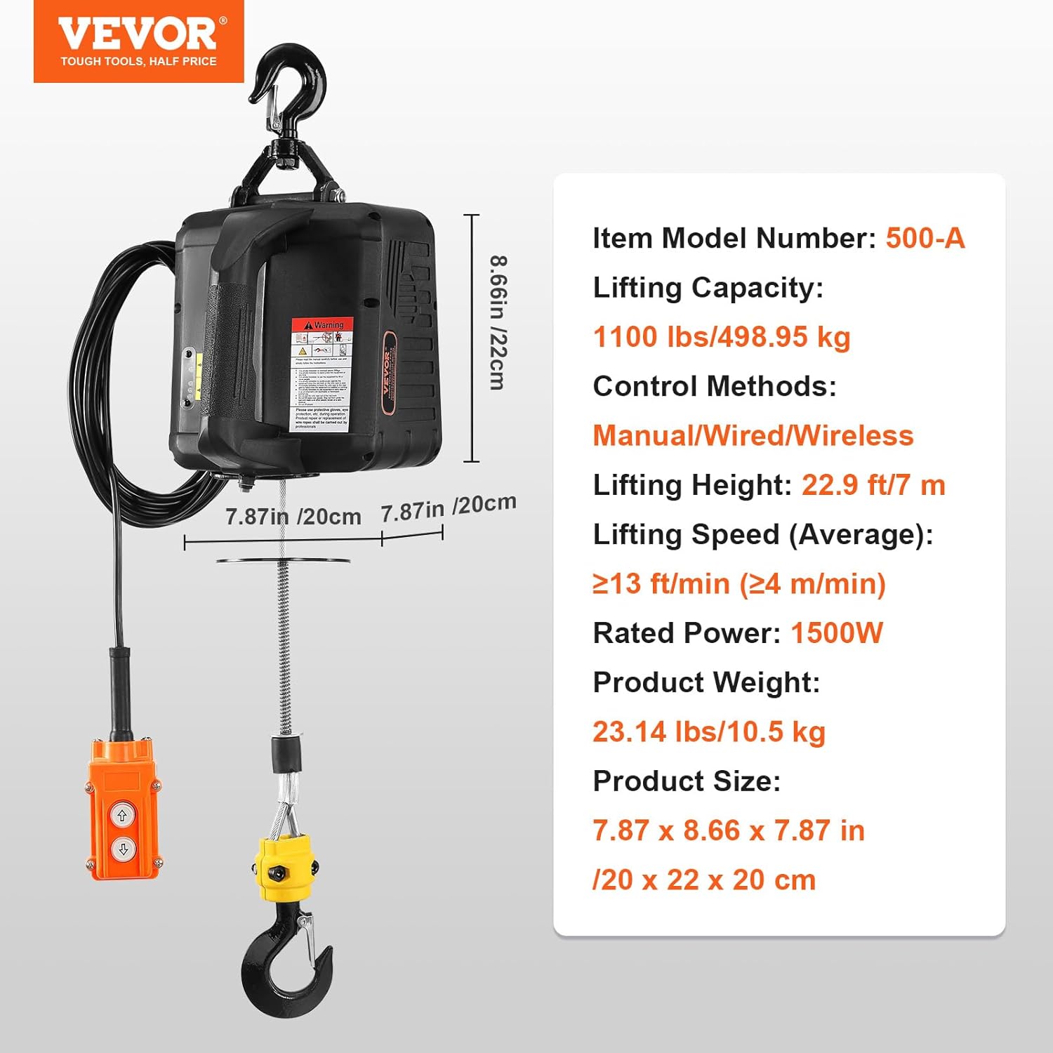 VEVOR 3in1 Electric Hoist Winch Crane, 1100lbs Material Handling Tool, Wired and Wireless Remote Control, Overload Protection for Garage, Warehouses, and Factories, Comes with Gloves-6