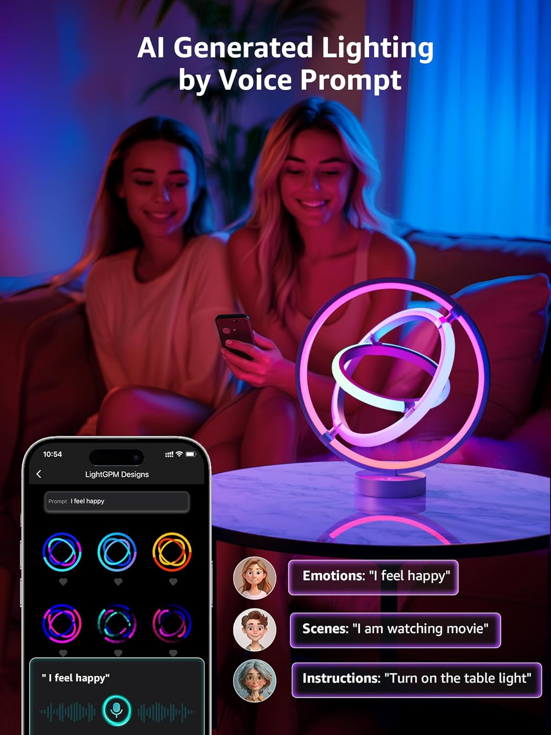 Lepro TB1 AI Smart Table Lamp, RGB+IC Addressable LED Lamp Alexa Google Enabled, APP Control Color Changing Modern Lamp No Remote, Christmas Gift Ideas, AI Generated Lighting LLM, 2.4 GHz WiFi-4