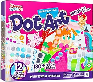 Klever Kits Dot Art Kit for Kids, No Mess Sticker for Toddlers 3-7, Craft Kits, DIY Creative Activity, Travel Toy, Birthday for Boys Girls (Unicorns & Princess)