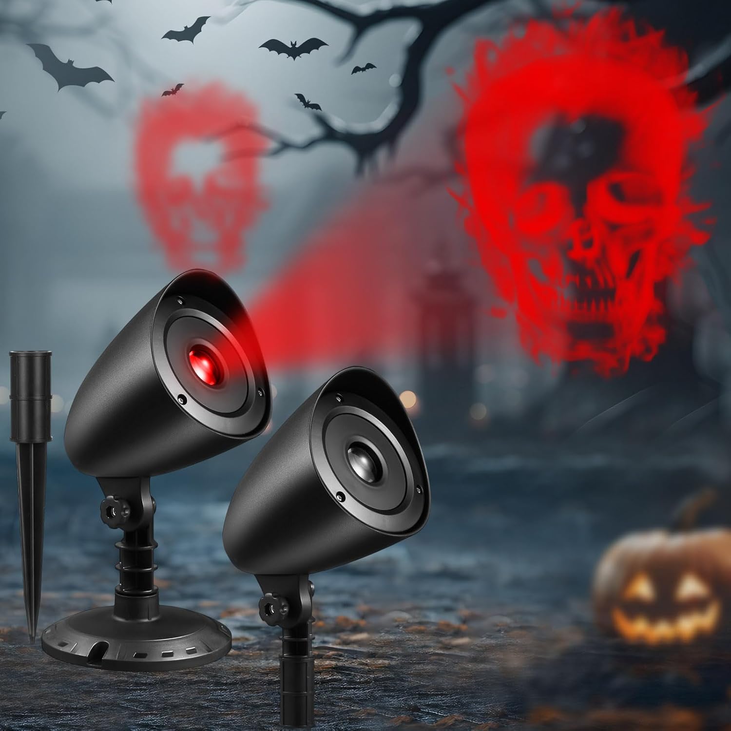 2 Pack Halloween Projector Lights Outdoor Indoor, 3D Dynamic Red Skull Projector Lights Waterproof Window Spooky Lights with Timer for Halloween Party Wall Ground Yard Cemetery Garden Decor-0