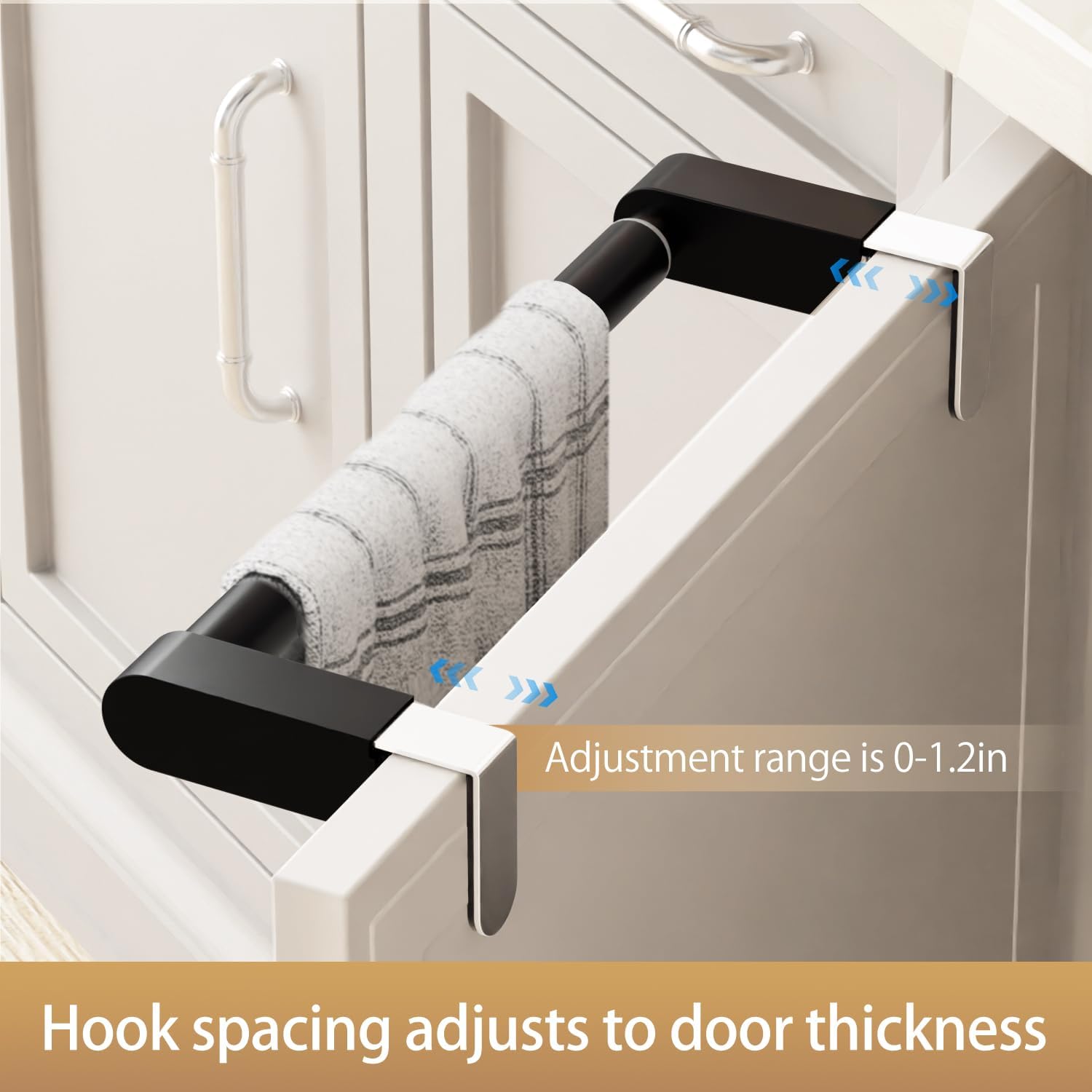 VEHHE Kitchen Towel Holder, Retractable Kitchen Towel Rack, Hooks Adjustable to Door Thickness, Dish Towel Holder with EVA Pad, Over The Door Towel Rack, L10.4~16.9 X W0~1.2 X H2.4 inches (Black)-2