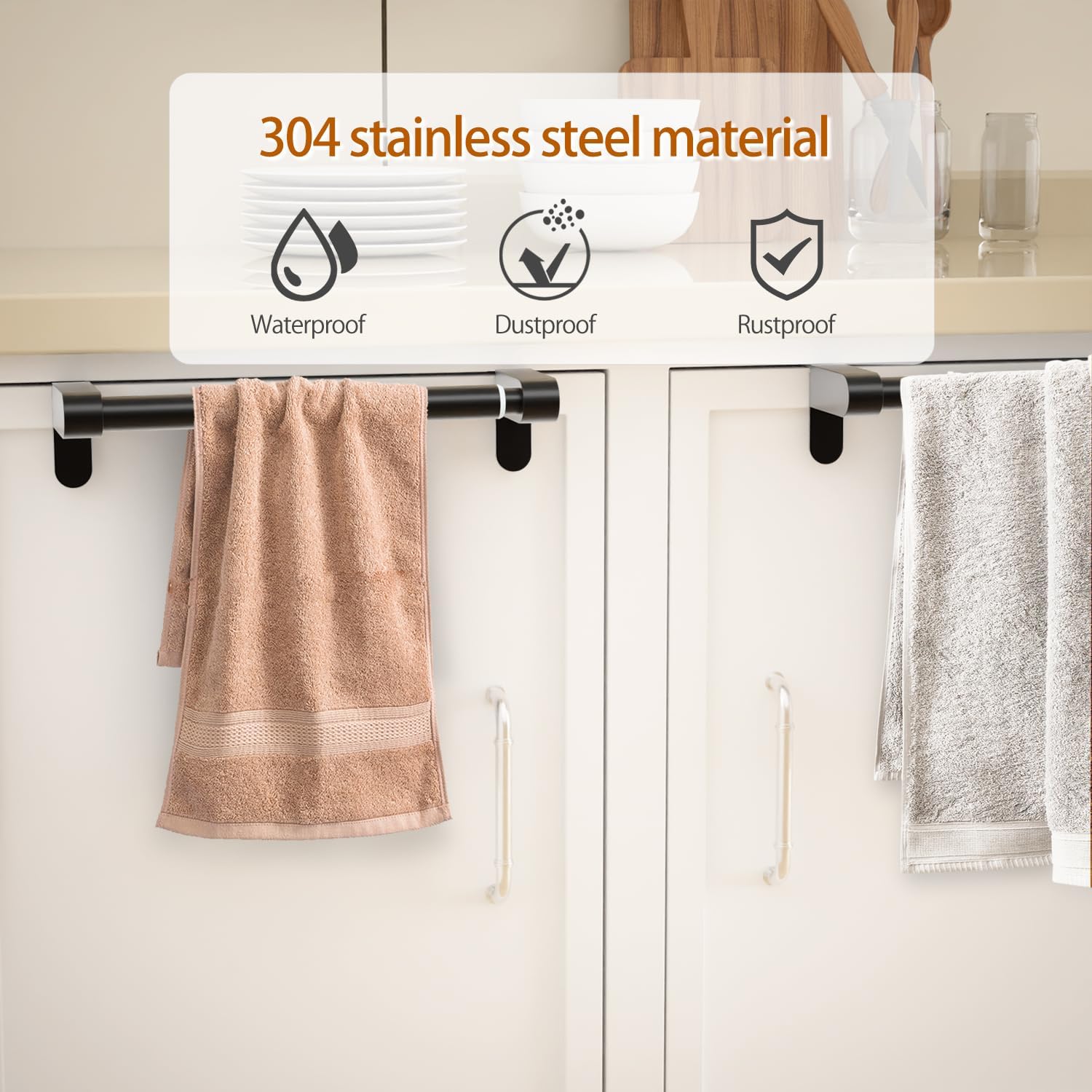 VEHHE Kitchen Towel Holder, Retractable Kitchen Towel Rack, Hooks Adjustable to Door Thickness, Dish Towel Holder with EVA Pad, Over The Door Towel Rack, L10.4~16.9 X W0~1.2 X H2.4 inches (Black)-4