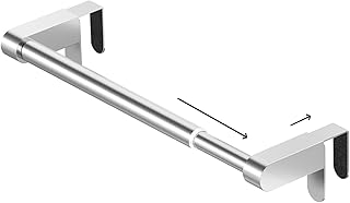 VEHHE Kitchen Towel Holder, Retractable Towel Rack, Over Door Towel Rack with Hooks Adjustable to Door Thickness, EVA Foam Pad, L10.4~16.9 X W0~1.2 X H2.4 inches (Silver)