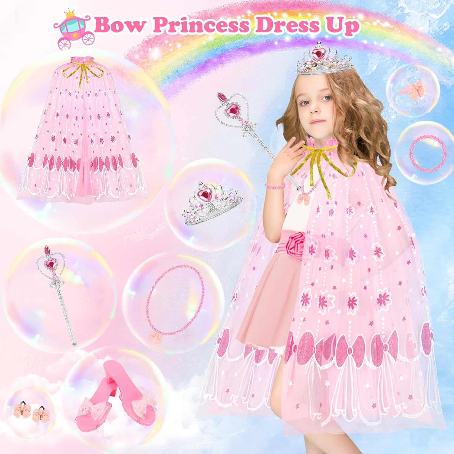 Princess Dress Up Clothes for Little Girls, Princess Costume Set with Cloak, Shoes, Play Jewelry, Princess Toys for Toddler Kids 3 4 5 6 Years Old, Gifts for Birthday Christmas Halloween-2