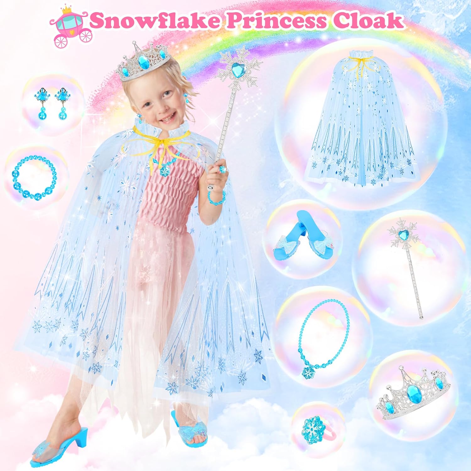 Princess Dress Up Clothes for Little Girls, Princess Costume Set with Cloak, Shoes, Play Jewelry, Princess Toys for Toddler Kids 3 4 5 6 Years Old, Gifts for Birthday Christmas Halloween-3