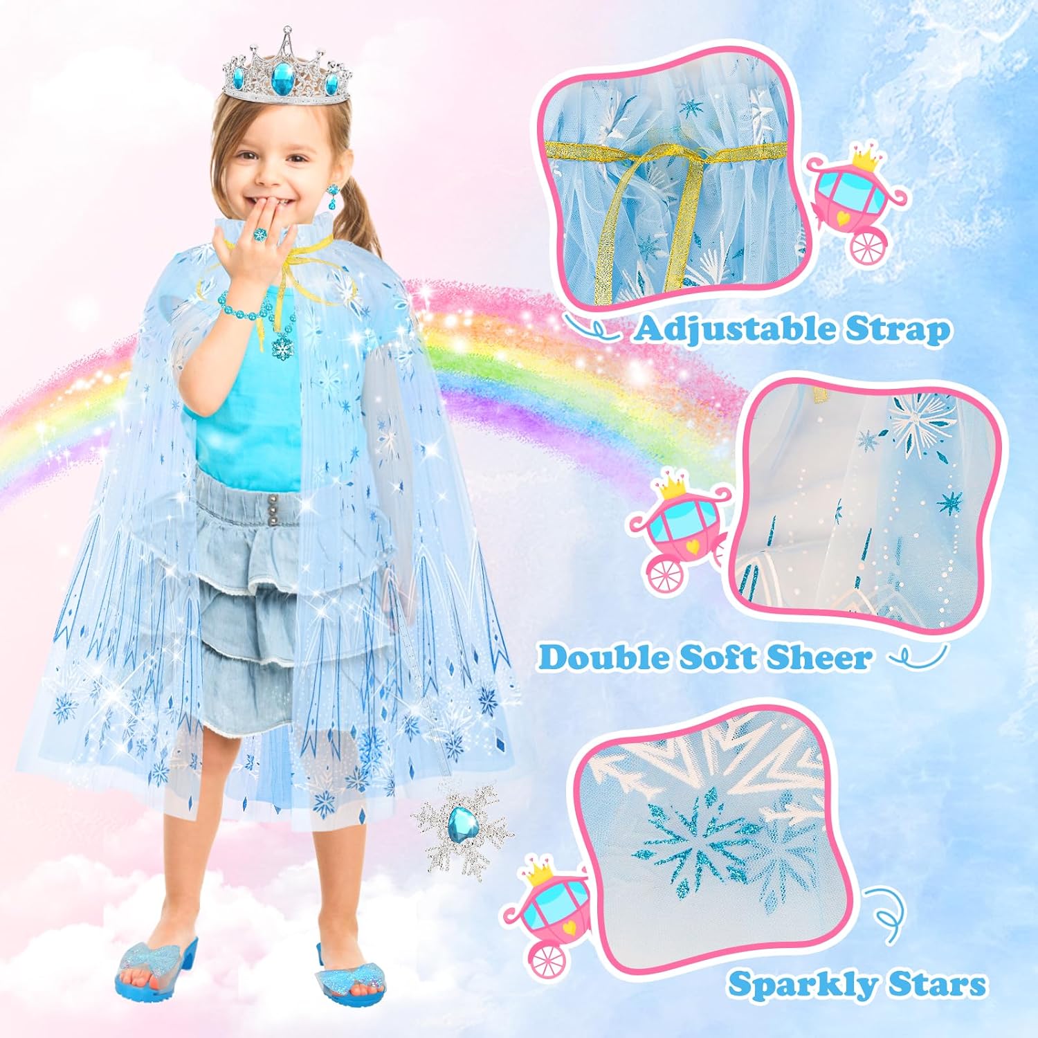 Princess Dress Up Clothes for Little Girls, Princess Costume Set with Cloak, Shoes, Play Jewelry, Princess Toys for Toddler Kids 3 4 5 6 Years Old, Gifts for Birthday Christmas Halloween-5