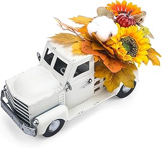 Marsui 12 Inch Fall White Truck Decor Vintage Metal Truck with Artificial Flowers, Pumpkins and Ribbons Autumn Farmhouse Country Table Centerpiece Tiered Tray Decor Indoor Home Decor Car Model Gift