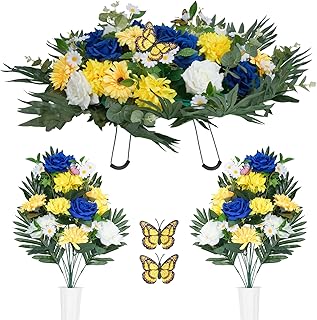 ybaymy Cemetery Flower Saddles for Grave, Artificial Silk Flowers and Bouquets with Vases, Headstone Flower Saddles Realistic Vibrant Roses Outdoor Grave Decorations Flower Butterfly Set with Vases