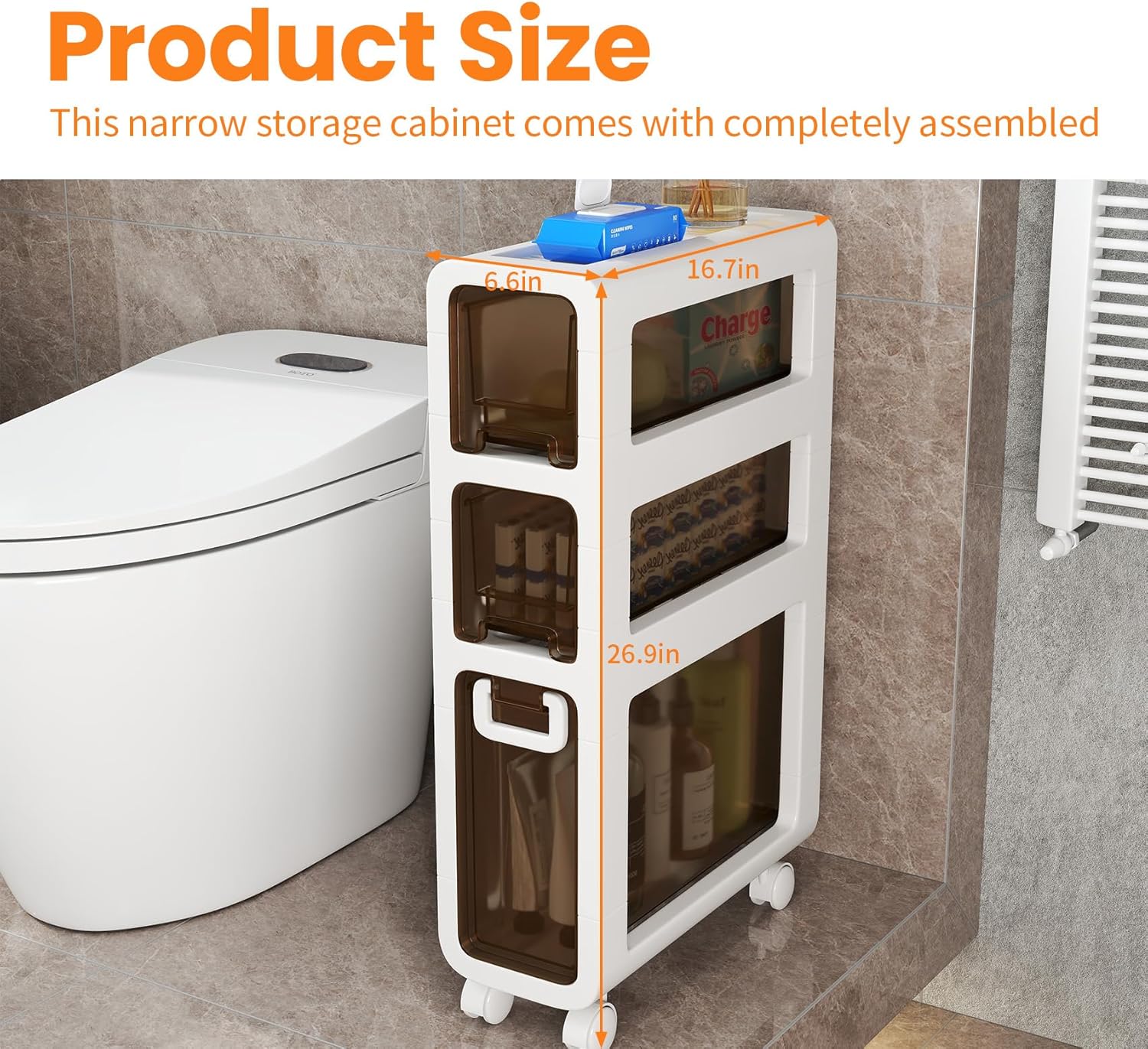 3-Tier Narrow Bathroom Storage Cabinet,Waterproof Slim Bathroom Organizers and Storage Toilet Side Storage Removable Bathroom Cart with Drawers and Wheels for Small Spaces,Already Assembled-1