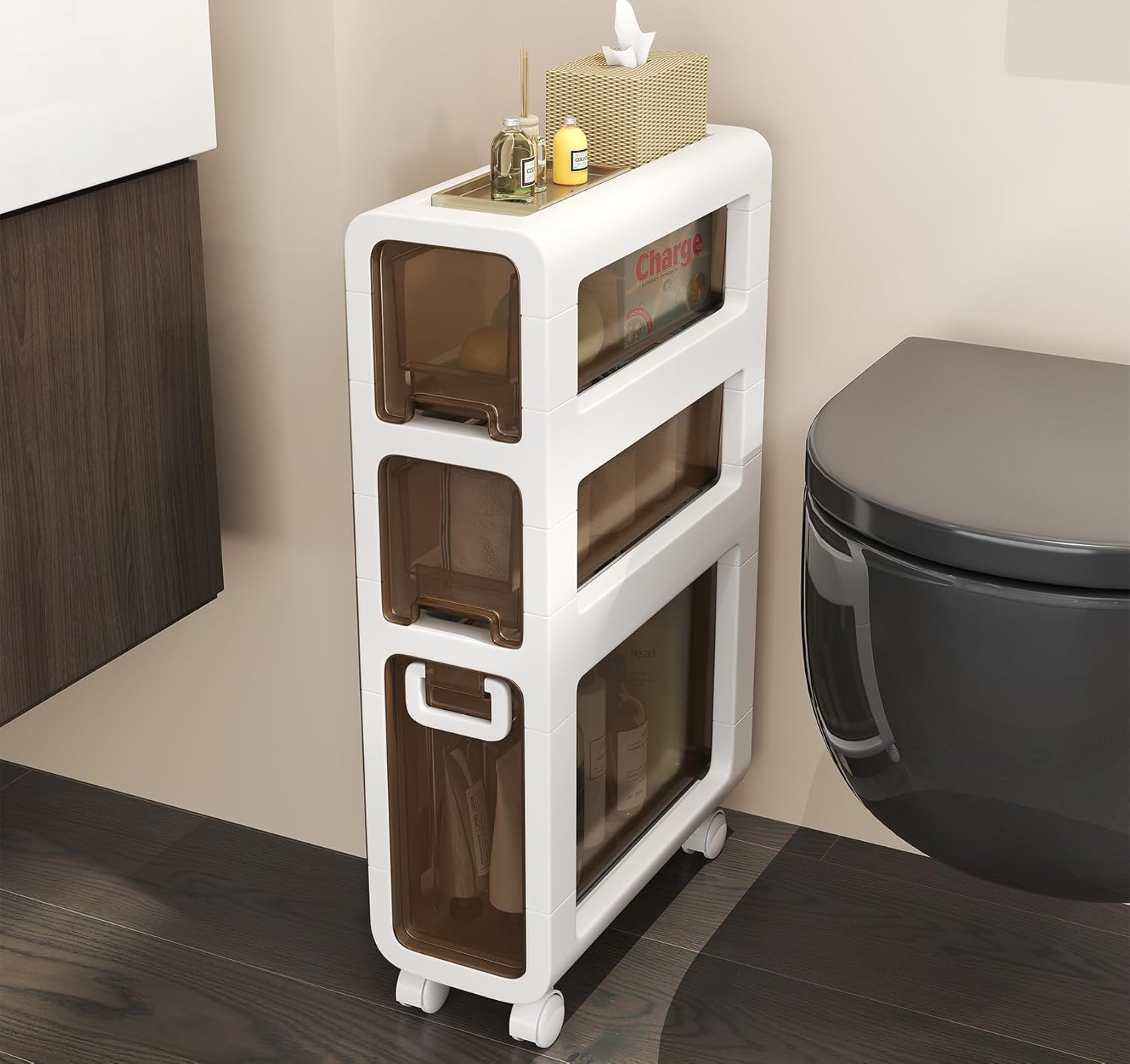 3-Tier Narrow Bathroom Storage Cabinet,Waterproof Slim Bathroom Organizers and Storage Toilet Side Storage Removable Bathroom Cart with Drawers and Wheels for Small Spaces,Already Assembled-4