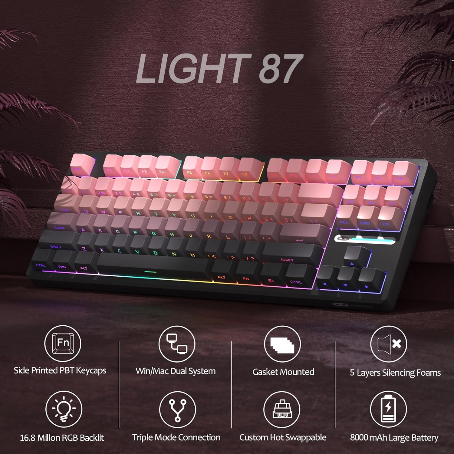 MageGee LIGHT87 Wireless Creamy Keyboard, 75% Gasket Hot Swappable Mechanical Keyboard, 2.4G/USB-C/BT5.0 RGB Backlit Gaming Keyboard for Win/Mac/PC, 8000mAh Battery, Side Printed PBT Keycaps, Pink-2