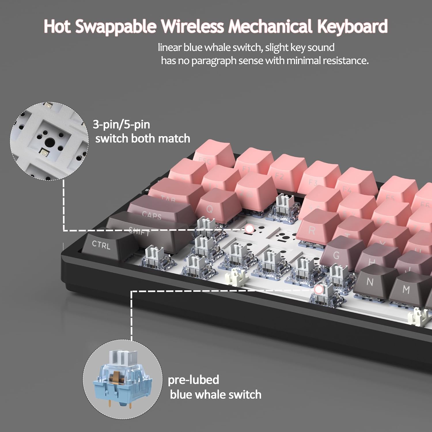 MageGee LIGHT87 Wireless Creamy Keyboard, 75% Gasket Hot Swappable Mechanical Keyboard, 2.4G/USB-C/BT5.0 RGB Backlit Gaming Keyboard for Win/Mac/PC, 8000mAh Battery, Side Printed PBT Keycaps, Pink-7