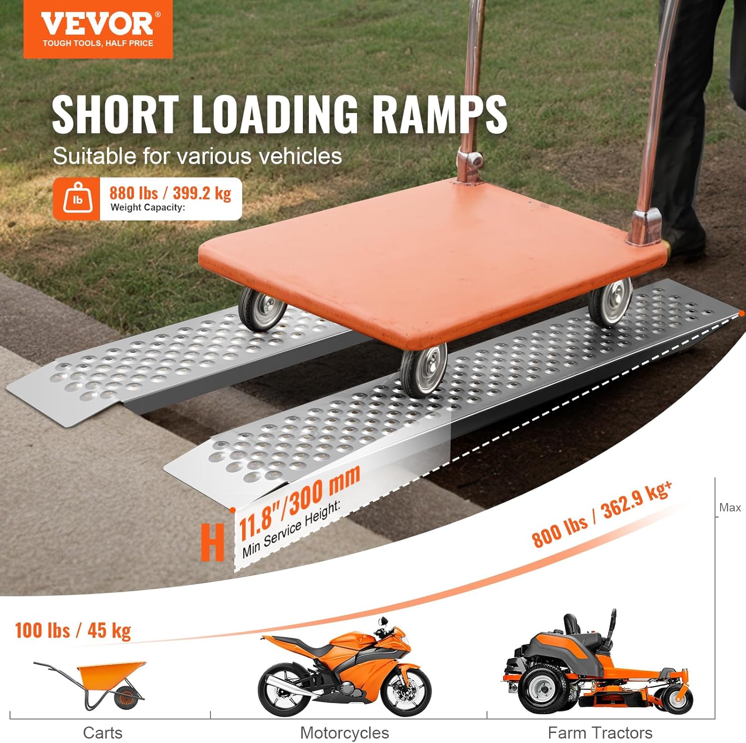 VEVOR Aluminum Ramps, 880 LBS Capacity 47.2" x 8.5" Loading Ramps for Motorcycle, Dirt Bike, Trailer, ATV, UTV, Garden Tractor and Lawn Mower, 2PCS-1