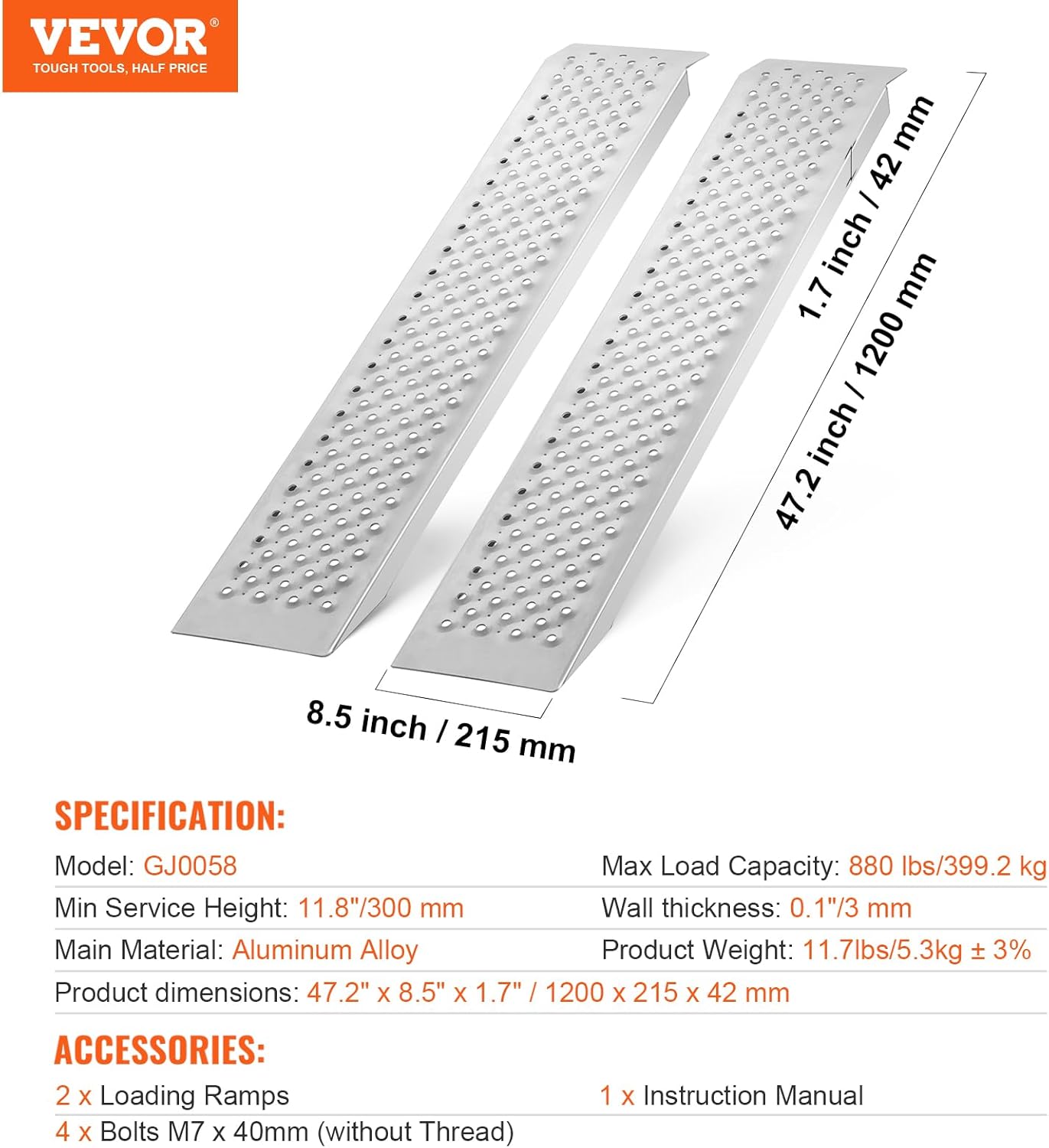 VEVOR Aluminum Ramps, 880 LBS Capacity 47.2" x 8.5" Loading Ramps for Motorcycle, Dirt Bike, Trailer, ATV, UTV, Garden Tractor and Lawn Mower, 2PCS-6