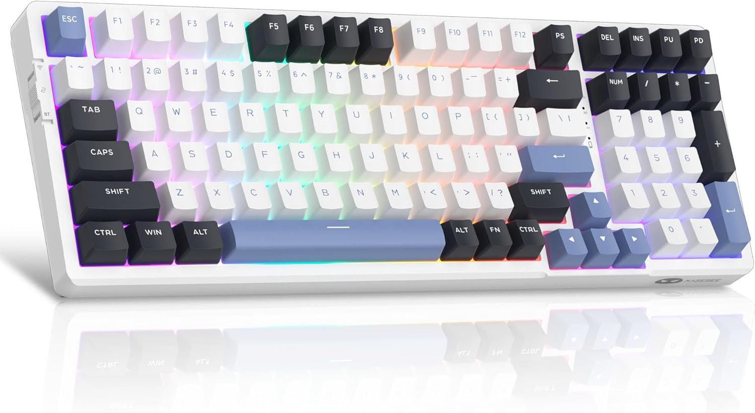 MageGee LIGHT100 Wireless Creamy Keyboard, 96% Gasket Hot Swappable Custom Mechanical Keyboard, Tri-Mode 2.4G/USB-C/BT5.0 RGB Backlit Gaming Keyboard for Win/Mac/PC, 8000mAh Battery, PBT Keycaps, Blue-0