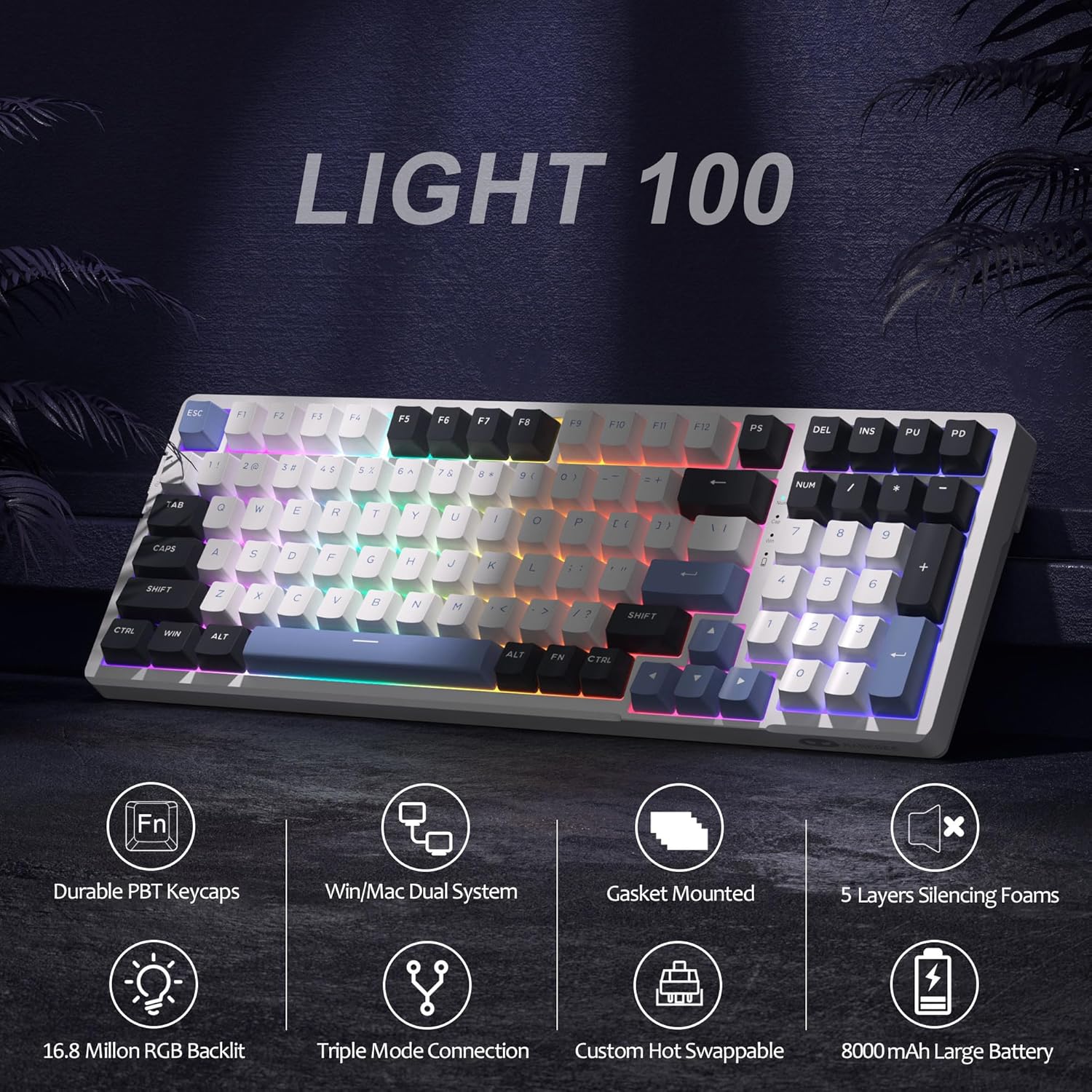 MageGee LIGHT100 Wireless Creamy Keyboard, 96% Gasket Hot Swappable Custom Mechanical Keyboard, Tri-Mode 2.4G/USB-C/BT5.0 RGB Backlit Gaming Keyboard for Win/Mac/PC, 8000mAh Battery, PBT Keycaps, Blue-2