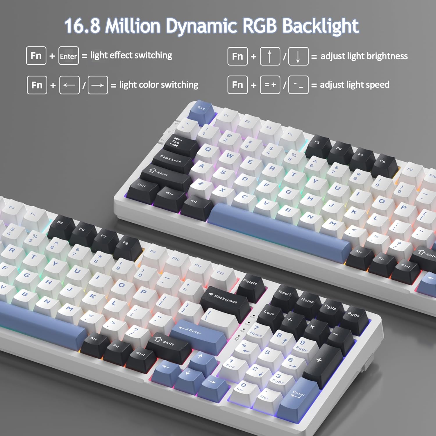 MageGee LIGHT100 Wireless Creamy Keyboard, 96% Gasket Hot Swappable Custom Mechanical Keyboard, Tri-Mode 2.4G/USB-C/BT5.0 RGB Backlit Gaming Keyboard for Win/Mac/PC, 8000mAh Battery, PBT Keycaps, Blue-4