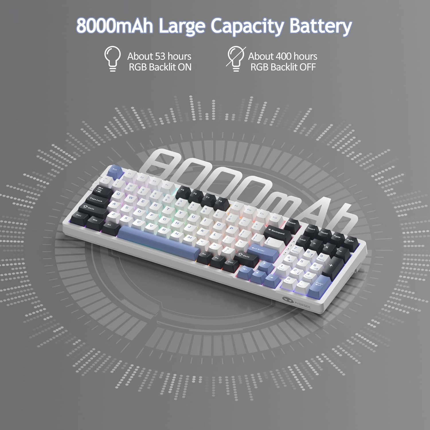 MageGee LIGHT100 Wireless Creamy Keyboard, 96% Gasket Hot Swappable Custom Mechanical Keyboard, Tri-Mode 2.4G/USB-C/BT5.0 RGB Backlit Gaming Keyboard for Win/Mac/PC, 8000mAh Battery, PBT Keycaps, Blue-5