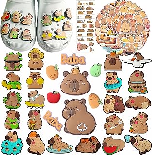 30pcs Capybara Shoe Charm for Sandals PVC Cute Cartoon Charm Decorations for Clog Rubber Beach Tote Bag Bracelet Wristband Party Gifts with 50 Capybara Stickers 10 Tattoo Stickers