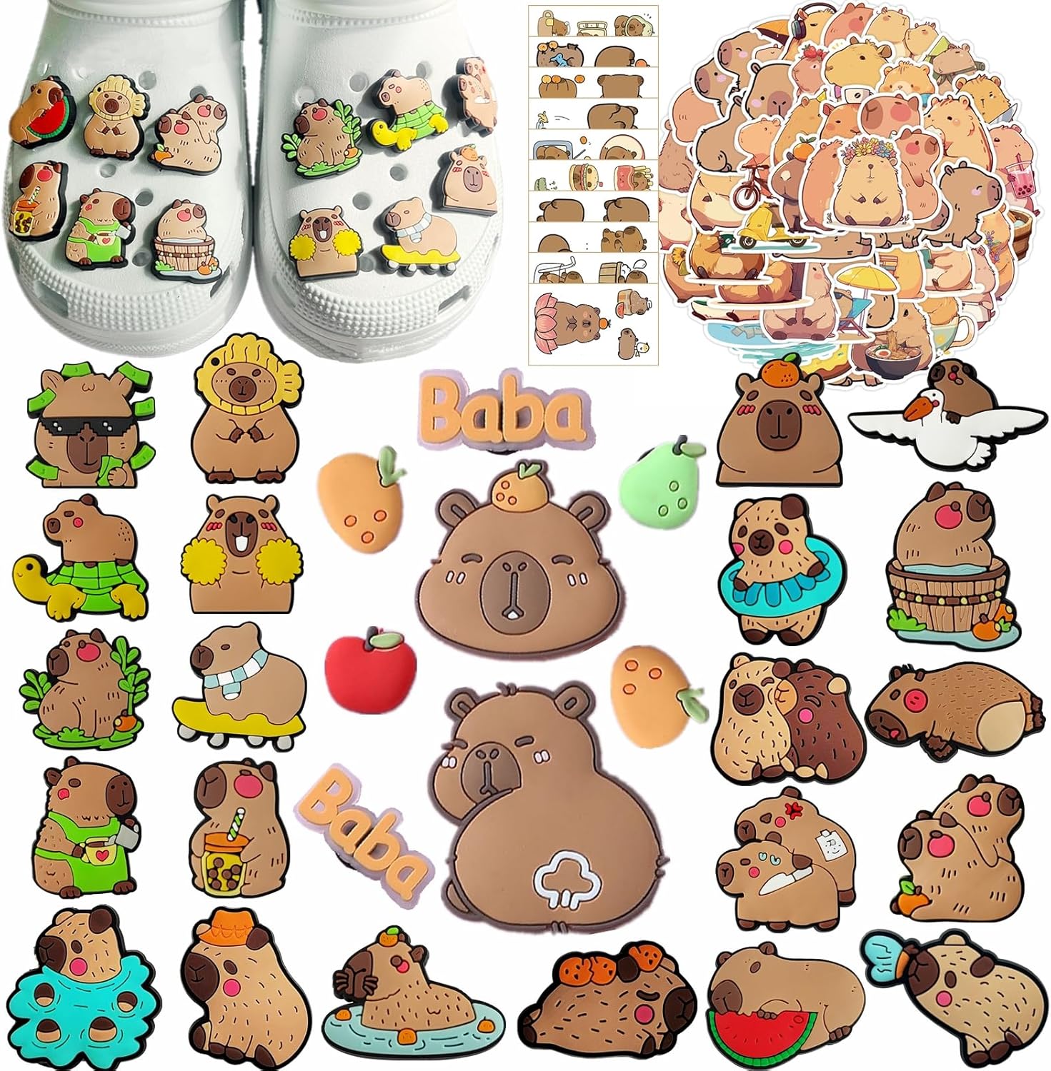 30pcs Capybara Shoe Charm for Sandals PVC Cute Cartoon Charm Decorations for Clog Rubber Beach Tote Bag Bracelet Wristband Party Gifts with 50 Capybara Stickers 10 Tattoo Stickers-0