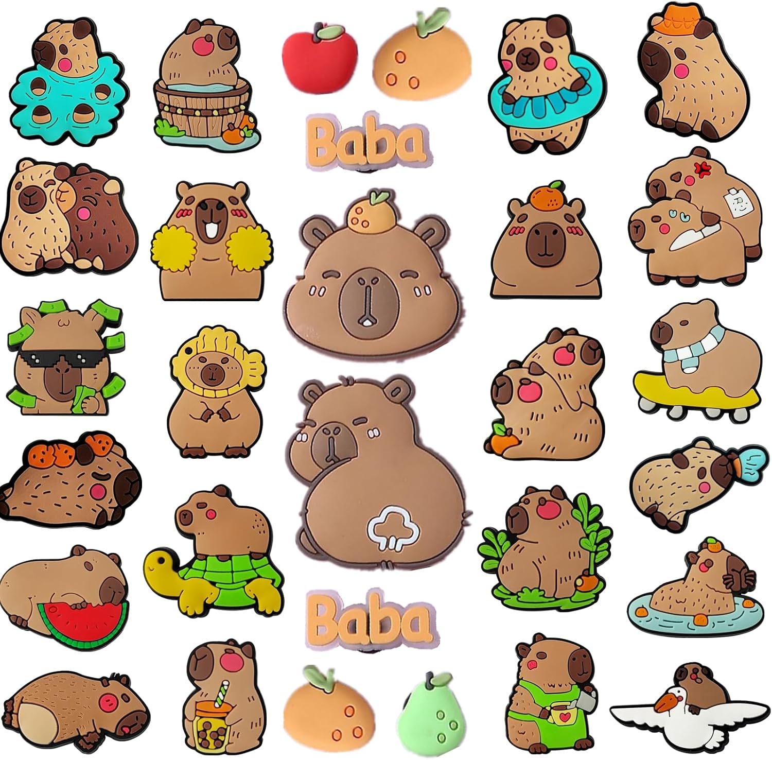 30pcs Capybara Shoe Charm for Sandals PVC Cute Cartoon Charm Decorations for Clog Rubber Beach Tote Bag Bracelet Wristband Party Gifts with 50 Capybara Stickers 10 Tattoo Stickers-1