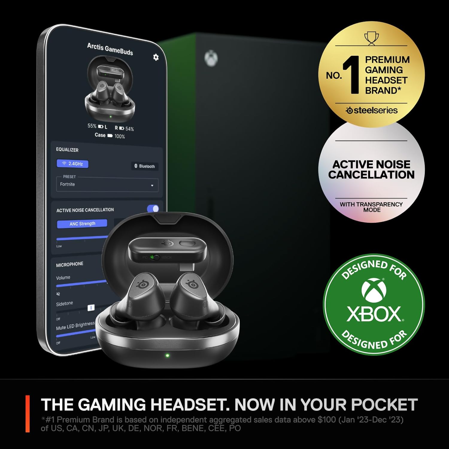 Arctis GameBuds for Xbox/PC/PS5/Switch/Mobile — Quick-Switch 2.4GHz + Bluetooth 5.3 — Active Noise Cancelling — Mobile App w/Sound Presets — Water Resistant IP55 — 40H Battery with Qi Charging Case-1