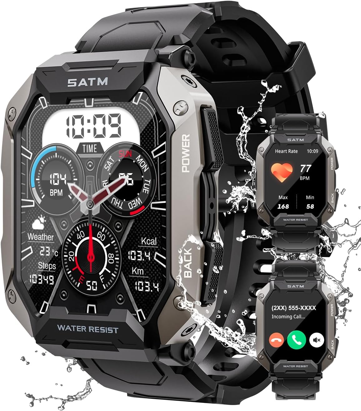 Military Smart Watches for Men IP68 Waterproof for Swimming, with Answer/Make Calls, 80 Days Extra-Long Battery Outdoor Tactical Smart Fitness Watch, Blood Pressure/Heart Rate Smartwatch for Android-0